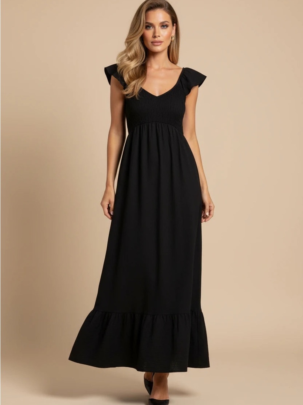 Black Flutter-Sleeve Maxi Dress - Elegant Everyday Style